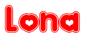 The image is a red and white graphic with the word Lona written in a decorative script. Each letter in  is contained within its own outlined bubble-like shape. Inside each letter, there is a white heart symbol.