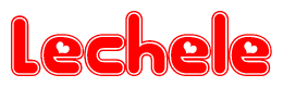 The image is a red and white graphic with the word Lechele written in a decorative script. Each letter in  is contained within its own outlined bubble-like shape. Inside each letter, there is a white heart symbol.
