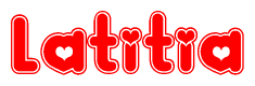 The image is a red and white graphic with the word Latitia written in a decorative script. Each letter in  is contained within its own outlined bubble-like shape. Inside each letter, there is a white heart symbol.