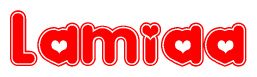 The image is a clipart featuring the word Lamiaa written in a stylized font with a heart shape replacing inserted into the center of each letter. The color scheme of the text and hearts is red with a light outline.