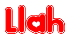 The image is a clipart featuring the word Llah written in a stylized font with a heart shape replacing inserted into the center of each letter. The color scheme of the text and hearts is red with a light outline.
