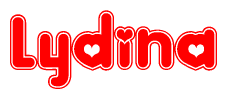 The image is a red and white graphic with the word Lydina written in a decorative script. Each letter in  is contained within its own outlined bubble-like shape. Inside each letter, there is a white heart symbol.