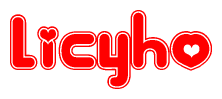 The image is a red and white graphic with the word Licyho written in a decorative script. Each letter in  is contained within its own outlined bubble-like shape. Inside each letter, there is a white heart symbol.