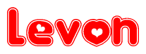 The image is a clipart featuring the word Levon written in a stylized font with a heart shape replacing inserted into the center of each letter. The color scheme of the text and hearts is red with a light outline.