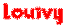 The image is a red and white graphic with the word Louivy written in a decorative script. Each letter in  is contained within its own outlined bubble-like shape. Inside each letter, there is a white heart symbol.