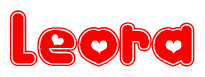 The image is a red and white graphic with the word Leora written in a decorative script. Each letter in  is contained within its own outlined bubble-like shape. Inside each letter, there is a white heart symbol.