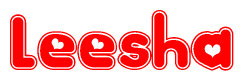 The image is a red and white graphic with the word Leesha written in a decorative script. Each letter in  is contained within its own outlined bubble-like shape. Inside each letter, there is a white heart symbol.