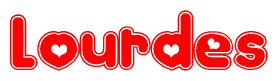 The image is a clipart featuring the word Lourdes written in a stylized font with a heart shape replacing inserted into the center of each letter. The color scheme of the text and hearts is red with a light outline.