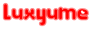   The image is a clipart featuring the word Luxyume written in a stylized font with a heart shape replacing inserted into the center of each letter. The color scheme of the text and hearts is red with a light outline. 