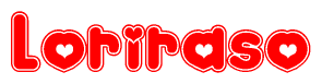 The image is a clipart featuring the word Loriraso written in a stylized font with a heart shape replacing inserted into the center of each letter. The color scheme of the text and hearts is red with a light outline.