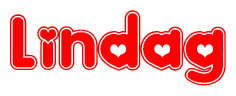 The image displays the word Lindag written in a stylized red font with hearts inside the letters.