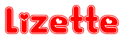 The image is a red and white graphic with the word Lizette written in a decorative script. Each letter in  is contained within its own outlined bubble-like shape. Inside each letter, there is a white heart symbol.