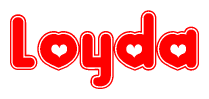 The image is a red and white graphic with the word Loyda written in a decorative script. Each letter in  is contained within its own outlined bubble-like shape. Inside each letter, there is a white heart symbol.