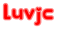 The image is a red and white graphic with the word Luvjc written in a decorative script. Each letter in  is contained within its own outlined bubble-like shape. Inside each letter, there is a white heart symbol.