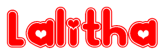 The image displays the word Lalitha written in a stylized red font with hearts inside the letters.