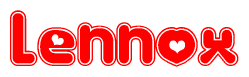 The image is a red and white graphic with the word Lennox written in a decorative script. Each letter in  is contained within its own outlined bubble-like shape. Inside each letter, there is a white heart symbol.