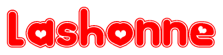 The image is a red and white graphic with the word Lashonne written in a decorative script. Each letter in  is contained within its own outlined bubble-like shape. Inside each letter, there is a white heart symbol.