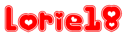 The image is a red and white graphic with the word Lorie18 written in a decorative script. Each letter in  is contained within its own outlined bubble-like shape. Inside each letter, there is a white heart symbol.