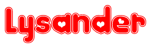 The image is a red and white graphic with the word Lysander written in a decorative script. Each letter in  is contained within its own outlined bubble-like shape. Inside each letter, there is a white heart symbol.