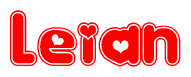 The image is a red and white graphic with the word Leian written in a decorative script. Each letter in  is contained within its own outlined bubble-like shape. Inside each letter, there is a white heart symbol.