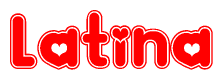 The image is a clipart featuring the word Latina written in a stylized font with a heart shape replacing inserted into the center of each letter. The color scheme of the text and hearts is red with a light outline.