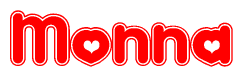 The image is a clipart featuring the word Monna written in a stylized font with a heart shape replacing inserted into the center of each letter. The color scheme of the text and hearts is red with a light outline.