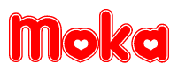 The image displays the word Moka written in a stylized red font with hearts inside the letters.