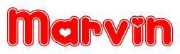 The image is a red and white graphic with the word Marvin written in a decorative script. Each letter in  is contained within its own outlined bubble-like shape. Inside each letter, there is a white heart symbol.