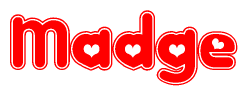 The image displays the word Madge written in a stylized red font with hearts inside the letters.