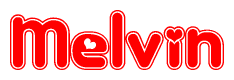 The image is a red and white graphic with the word Melvin written in a decorative script. Each letter in  is contained within its own outlined bubble-like shape. Inside each letter, there is a white heart symbol.