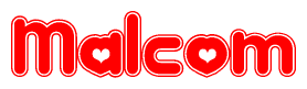 The image is a clipart featuring the word Malcom written in a stylized font with a heart shape replacing inserted into the center of each letter. The color scheme of the text and hearts is red with a light outline.