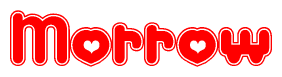 The image is a red and white graphic with the word Morrow written in a decorative script. Each letter in  is contained within its own outlined bubble-like shape. Inside each letter, there is a white heart symbol.