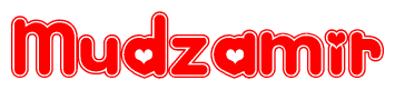 The image is a red and white graphic with the word Mudzamir written in a decorative script. Each letter in  is contained within its own outlined bubble-like shape. Inside each letter, there is a white heart symbol.