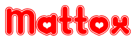 The image is a red and white graphic with the word Mattox written in a decorative script. Each letter in  is contained within its own outlined bubble-like shape. Inside each letter, there is a white heart symbol.