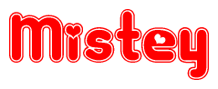 The image displays the word Mistey written in a stylized red font with hearts inside the letters.
