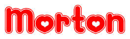The image is a clipart featuring the word Morton written in a stylized font with a heart shape replacing inserted into the center of each letter. The color scheme of the text and hearts is red with a light outline.