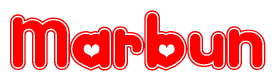 The image is a red and white graphic with the word Marbun written in a decorative script. Each letter in  is contained within its own outlined bubble-like shape. Inside each letter, there is a white heart symbol.