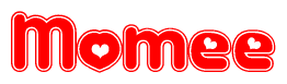 The image displays the word Momee written in a stylized red font with hearts inside the letters.
