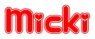 The image is a clipart featuring the word Micki written in a stylized font with a heart shape replacing inserted into the center of each letter. The color scheme of the text and hearts is red with a light outline.
