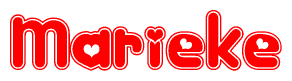 The image is a red and white graphic with the word Marieke written in a decorative script. Each letter in  is contained within its own outlined bubble-like shape. Inside each letter, there is a white heart symbol.
