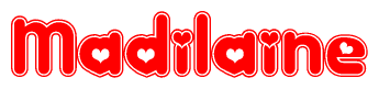 The image is a clipart featuring the word Madilaine written in a stylized font with a heart shape replacing inserted into the center of each letter. The color scheme of the text and hearts is red with a light outline.