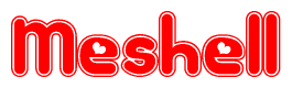 The image is a red and white graphic with the word Meshell written in a decorative script. Each letter in  is contained within its own outlined bubble-like shape. Inside each letter, there is a white heart symbol.