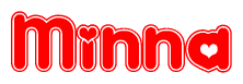 The image is a red and white graphic with the word Minna written in a decorative script. Each letter in  is contained within its own outlined bubble-like shape. Inside each letter, there is a white heart symbol.