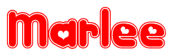 The image is a red and white graphic with the word Marlee written in a decorative script. Each letter in  is contained within its own outlined bubble-like shape. Inside each letter, there is a white heart symbol.