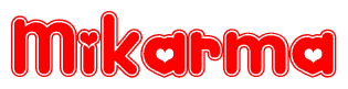The image displays the word Mikarma written in a stylized red font with hearts inside the letters.