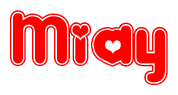 The image is a red and white graphic with the word Miay written in a decorative script. Each letter in  is contained within its own outlined bubble-like shape. Inside each letter, there is a white heart symbol.