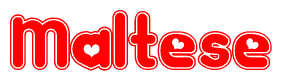 The image displays the word Maltese written in a stylized red font with hearts inside the letters.