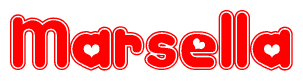 The image is a red and white graphic with the word Marsella written in a decorative script. Each letter in  is contained within its own outlined bubble-like shape. Inside each letter, there is a white heart symbol.