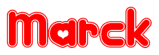The image is a clipart featuring the word Marck written in a stylized font with a heart shape replacing inserted into the center of each letter. The color scheme of the text and hearts is red with a light outline.