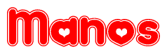   The image is a clipart featuring the word Manos written in a stylized font with a heart shape replacing inserted into the center of each letter. The color scheme of the text and hearts is red with a light outline. 